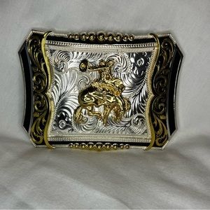 Western Bucking Horse Riding Gold & Silver Engraved Vaquero Cowboy Belt Buckle
